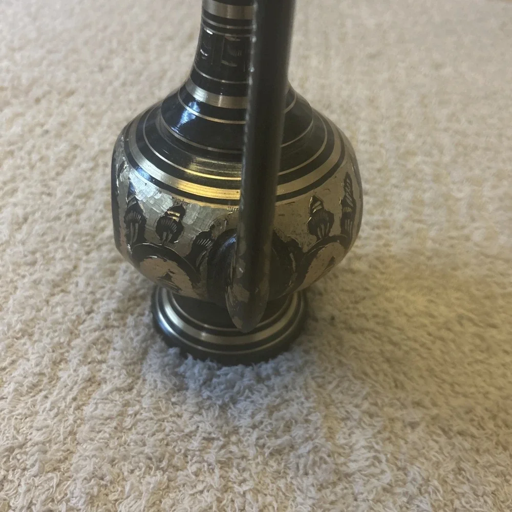 Vintage Brass And Black Etched Surahi Vessel - 18‎ 1/2